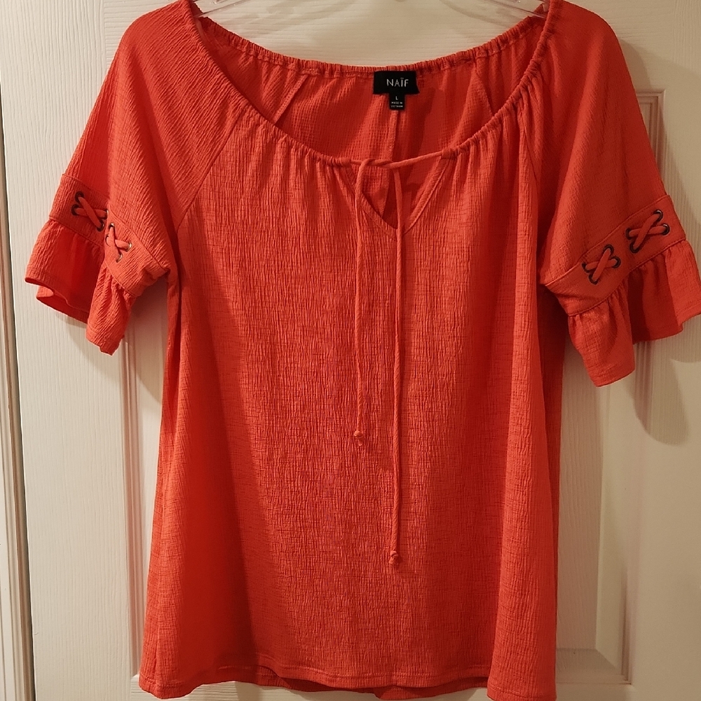 NAIF Orange Short Sleeve Ruffled Tie Front Blouse  Women's Size L
